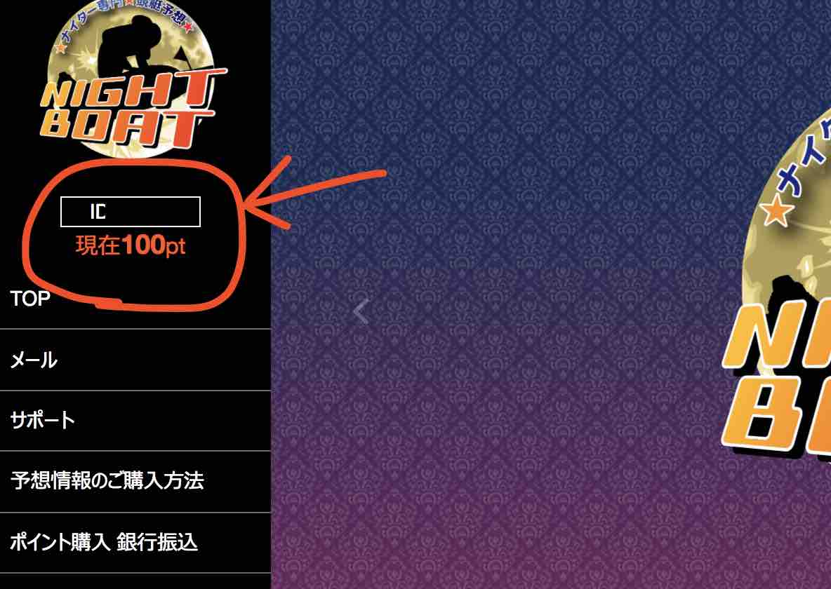 ナイトボート(NIGHT BOAT)という競艇予想サイト(ボートレース予想サイト)の所持ポイントの100pt